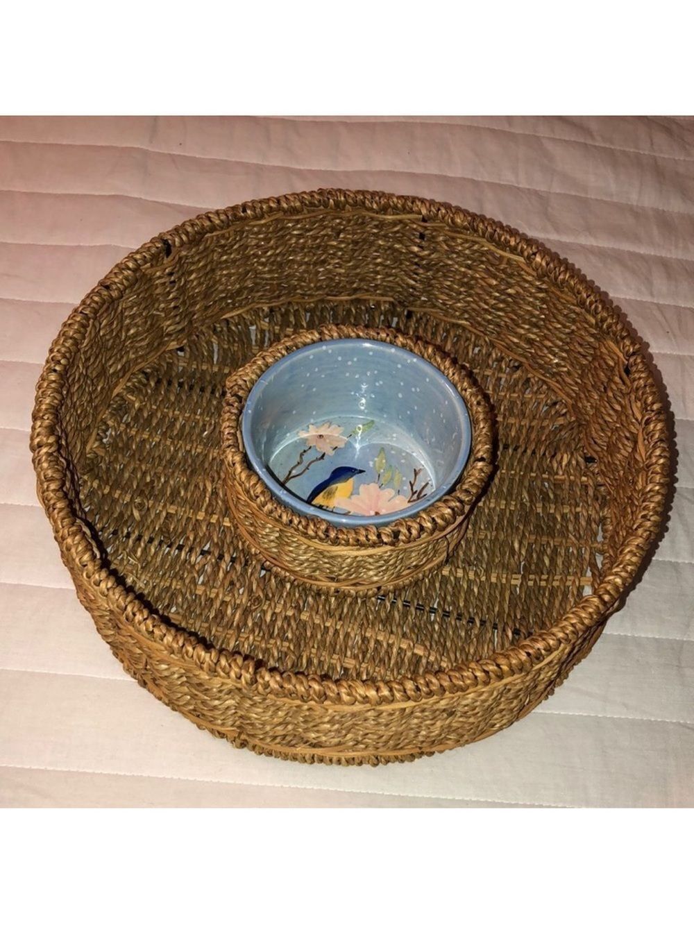 Wire Woven Straw Basket Serving Dish with a Dip Plate in the Middle